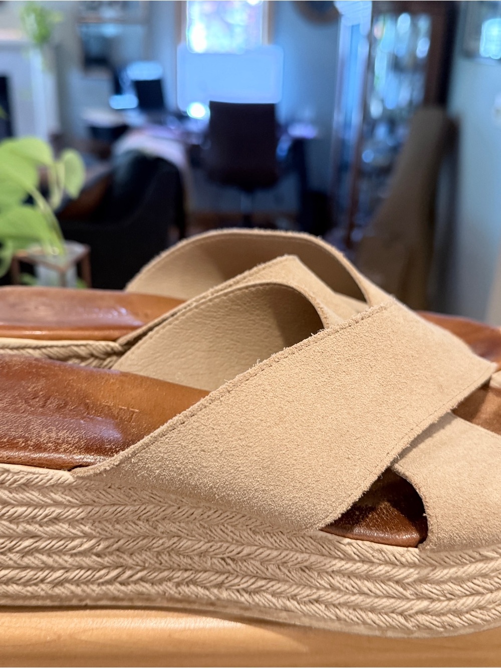 Beige Suede Crisscross Espadrille Wedge Sandals